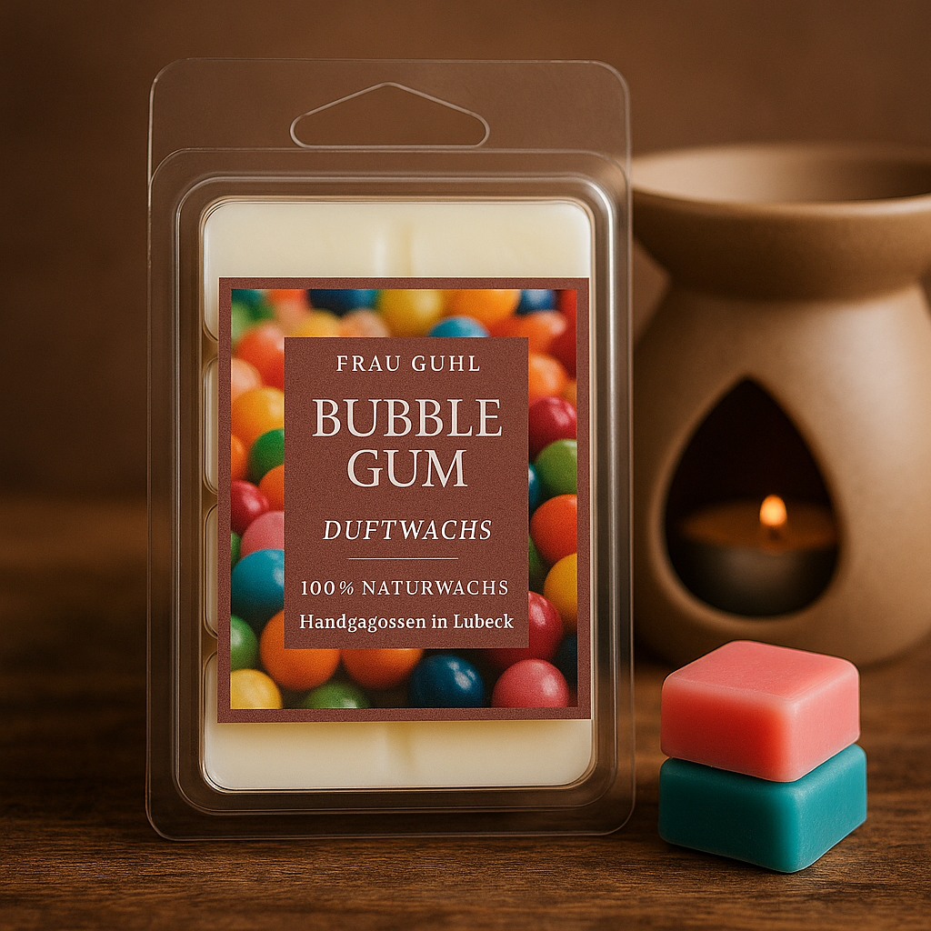 Duftwachs Bubble Gum von Frau Guhl mit 6 pinken Wachsstücken in Blisterform, auf hellem Hintergrund dekoriert mit Kaugummikugeln – 75 g Packung mit Originaletikett.