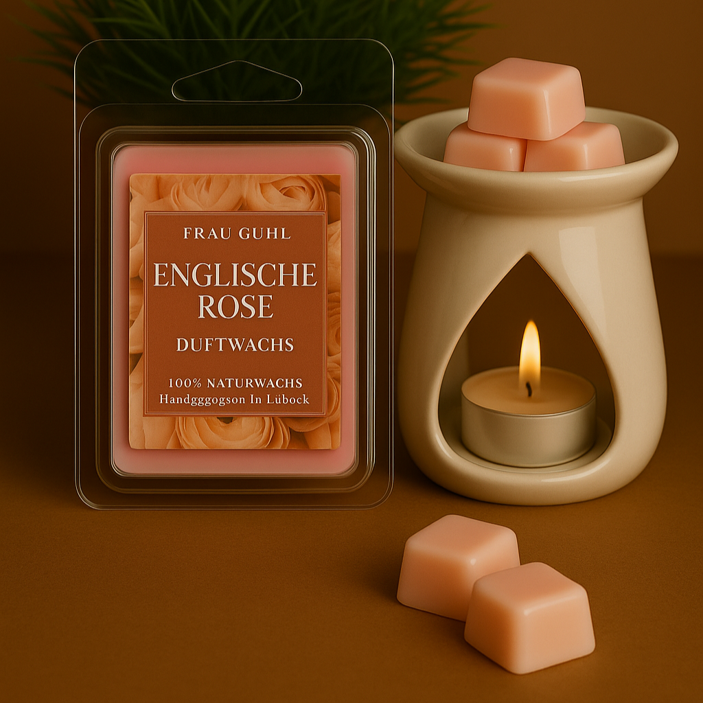 Duftwachs Englische Rose von Frau Guhl, 6 roséfarbene Wachsstücke auf hellem Untergrund, dekoriert mit Rosenblättern – 75 g Packung mit Originaletikett.Und weißer Duftlampe in tROPEFENFORM AUS kERAMIK: